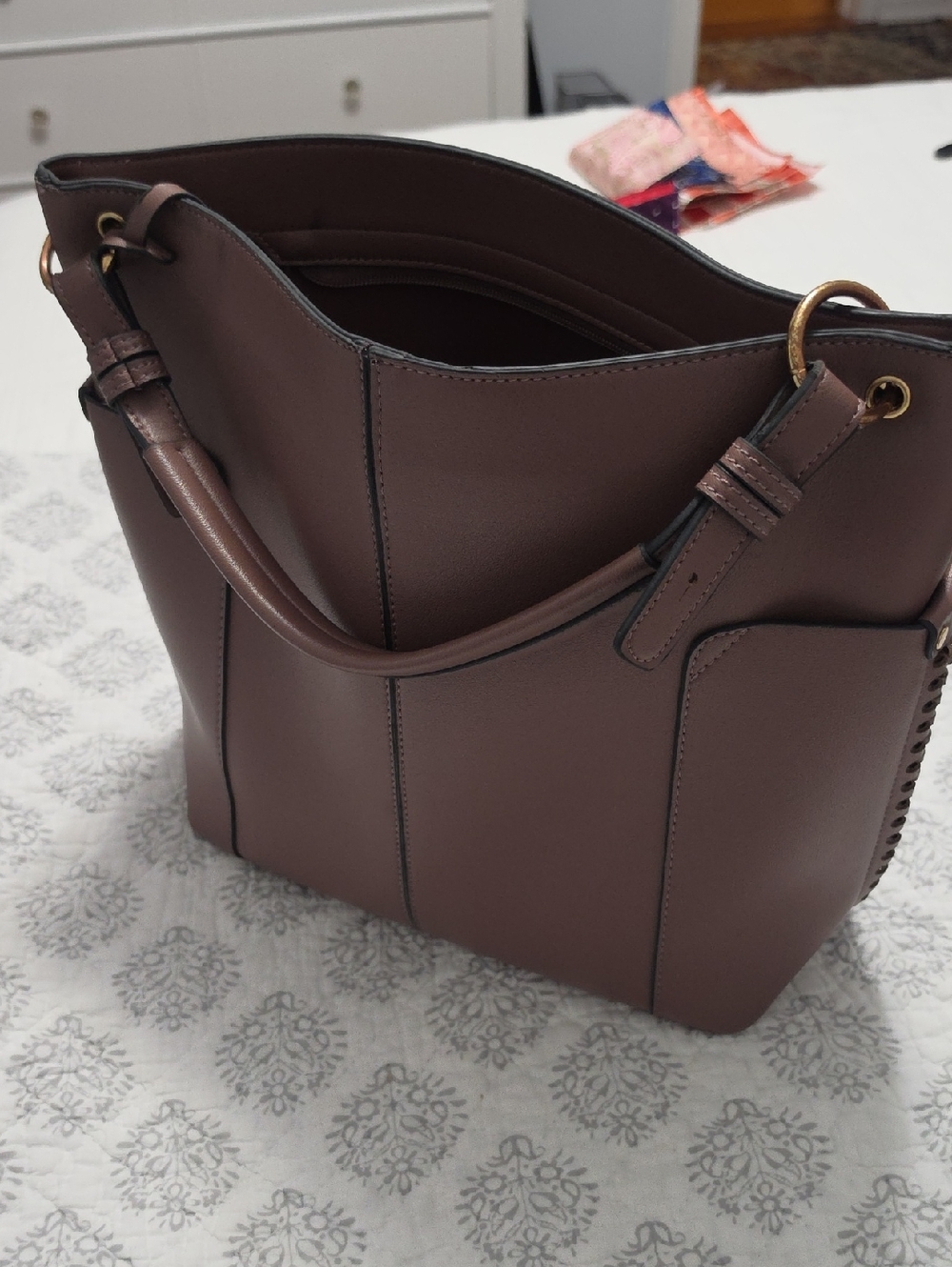 Women's Pebbled Tote Bag in Mauve Brown with Gold Accents